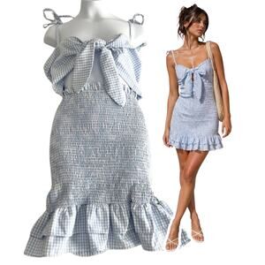 Mable Smocked Plaid Milkmaid Mini Dress S Blue Ruffled Cut-Out Checker Coquette